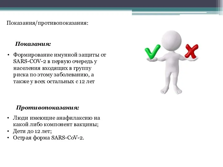 Показания/противопоказания: Формирование имунной защиты от SARS-COV-2 в первую очередь у населения