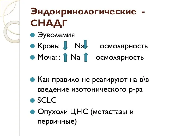 Эндокринологические - СНАДГ Эуволемия Кровь: Na осмолярность Моча: : Na осмолярность