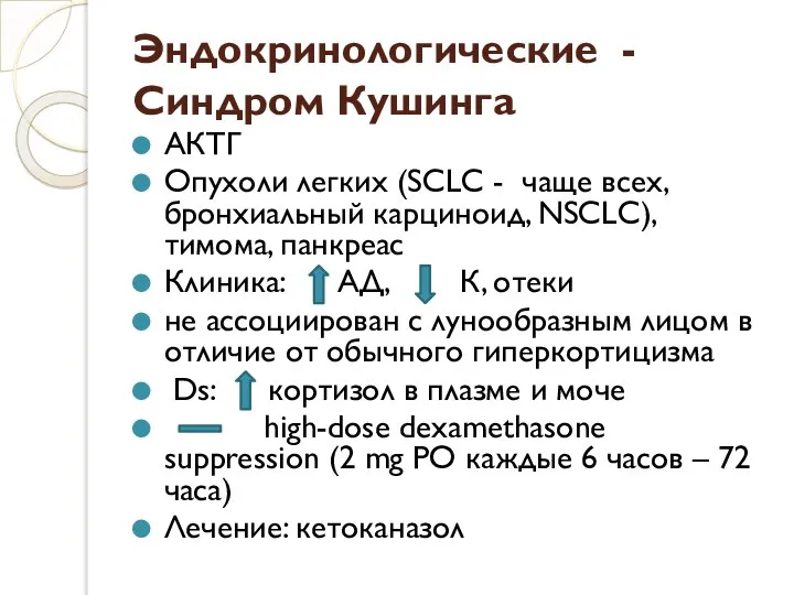 Эндокринологические - Синдром Кушинга АКТГ Опухоли легких (SCLC - чаще всех,