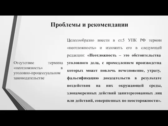 Проблемы и рекомендации Отсутствие термина «неотложность» в уголовно-процессуальном законодательстве Целесообразно внести