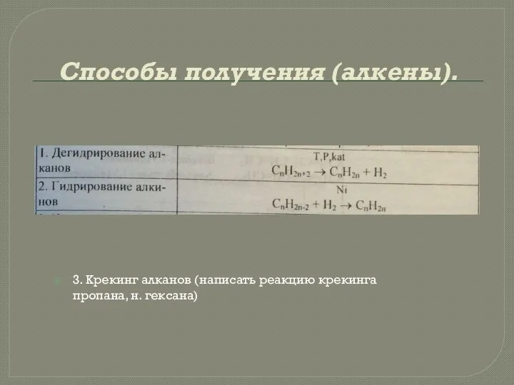 Способы получения (алкены). 3. Крекинг алканов (написать реакцию крекинга пропана, н. гексана)