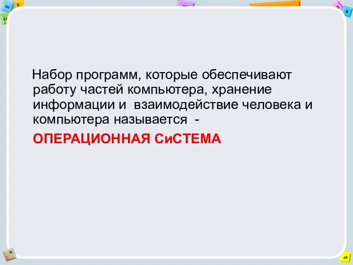 Набор программ, которые обеспечивают работу частей компьютера, хранение информации и взаимодействие