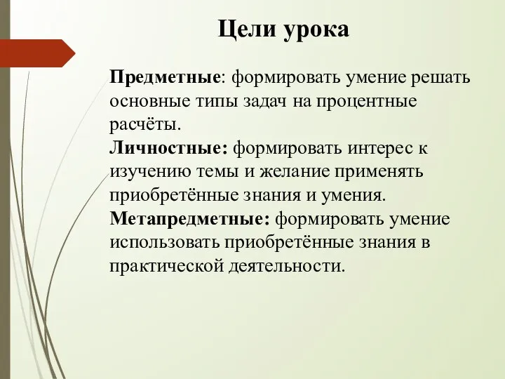 Цели урока Предметные: формировать умение решать основные типы задач на процентные