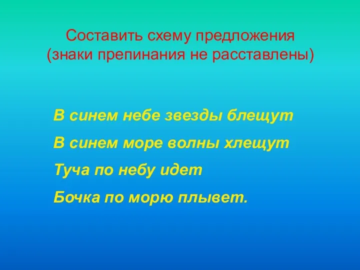 Составить схему предложения (знаки препинания не расставлены) В синем небе звезды