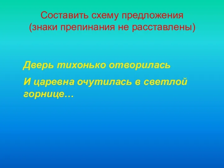 Составить схему предложения (знаки препинания не расставлены) Дверь тихонько отворилась И царевна очутилась в светлой горнице…