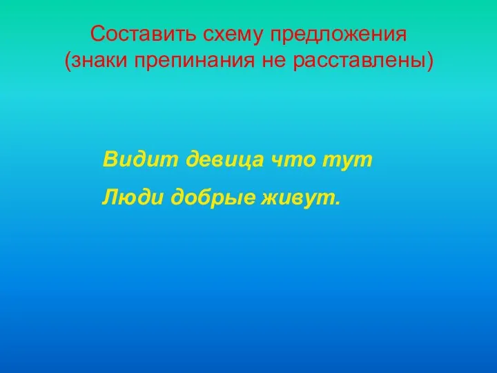 Составить схему предложения (знаки препинания не расставлены) Видит девица что тут Люди добрые живут.