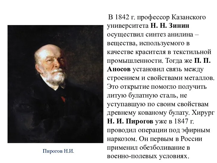 Пирогов Н.И. В 1842 г. профессор Казанского университета Н. Н. Зинин