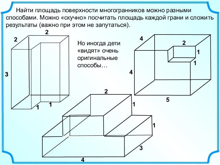 Найти площадь поверхности многогранников можно разными способами. Можно «скучно» посчитать площадь