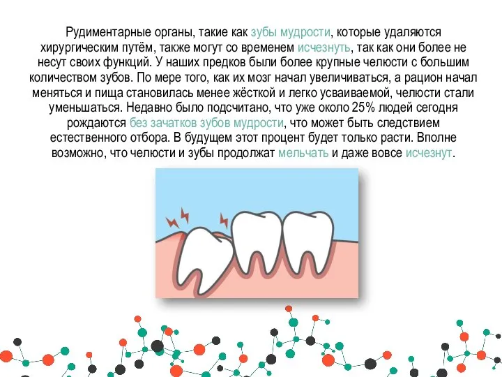 Рудиментарные органы, такие как зубы мудрости, которые удаляются хирургическим путём, также