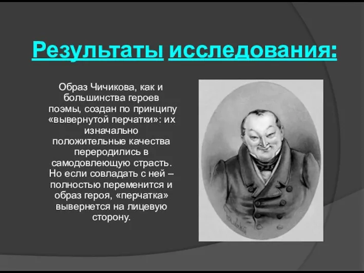 Результаты исследования: Образ Чичикова, как и большинства героев поэмы, создан по