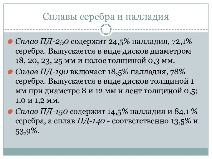 Сплавы серебра и палладия Сплав ПД-250 содержит 24,5% палладия, 72,1% серебра.