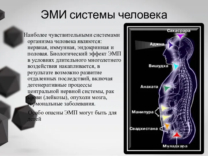 ЭМИ системы человека Наиболее чувствительными системами организма человека являются: нервная, иммунная,