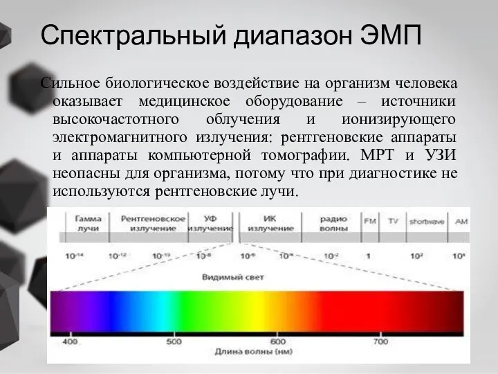 Спектральный диапазон ЭМП Сильное биологическое воздействие на организм человека оказывает медицинское