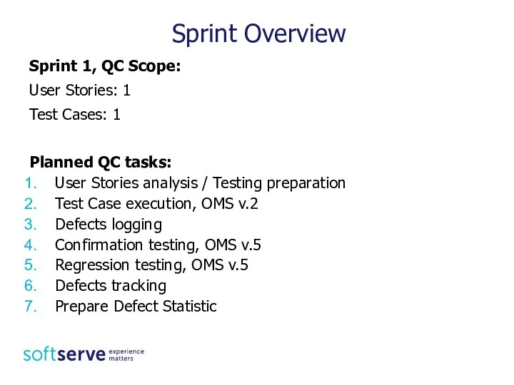 Sprint 1, QC Scope: User Stories: 1 Test Cases: 1 Planned