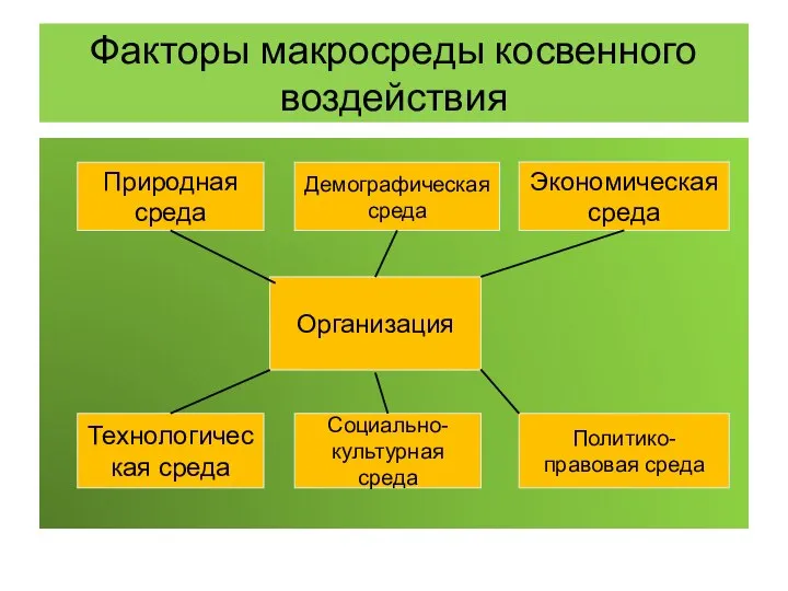 Факторы макросреды косвенного воздействия Организация Природная среда Демографическая среда Экономическая среда