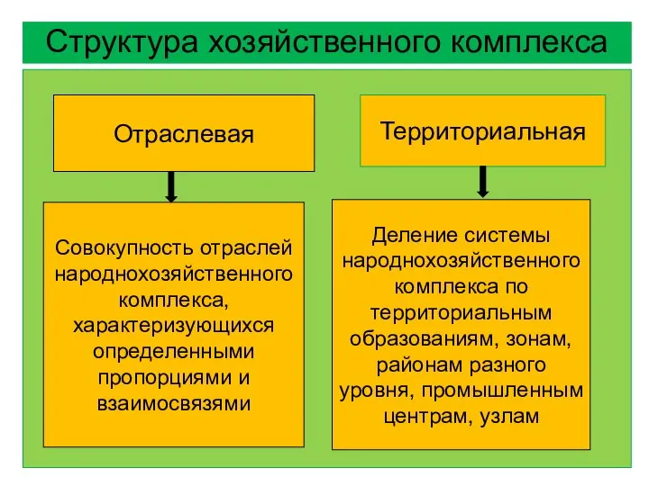 Структура хозяйственного комплекса Отраслевая Территориальная Совокупность отраслей народнохозяйственного комплекса, характеризующихся определенными