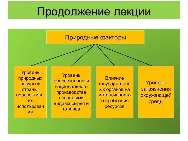 Продолжение лекции Природные факторы Уровень природных ресурсов страны, перспективы их использования