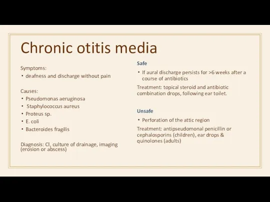 Chronic otitis media Symptoms: deafness and discharge without pain Causes: Pseudomonas