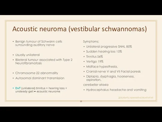 Acoustic neuroma (vestibular schwannomas) ДОБАВИТЬ НИЖНИЙ КОЛОНТИТУЛ Benign tumour of Schwann