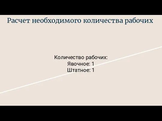 Расчет необходимого количества рабочих Количество рабочих: Явочное: 1 Штатное: 1