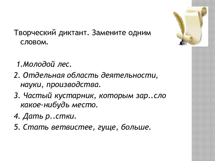 Творческий диктант. Замените одним словом. 1.Молодой лес. 2. Отдельная область деятельности,