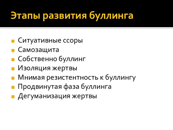 Этапы развития буллинга Ситуативные ссоры Самозащита Собственно буллинг Изоляция жертвы Мнимая