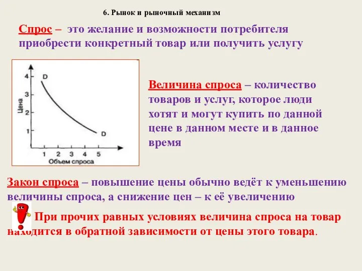 6. Рынок и рыночный механизм Спрос – это желание и возможности