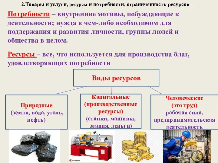 2.Товары и услуги, ресурсы и потребности, ограниченность ресурсов Ресурсы – все,