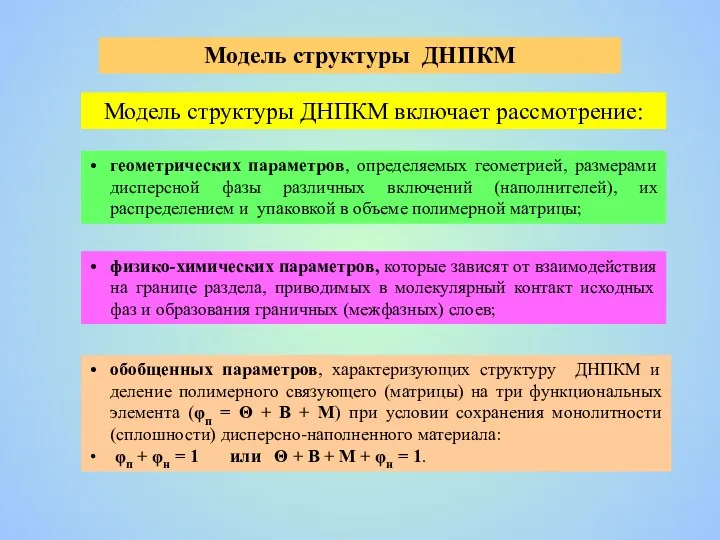 Модель структуры ДНПКМ Модель структуры ДНПКМ включает рассмотрение: геометрических параметров, определяемых