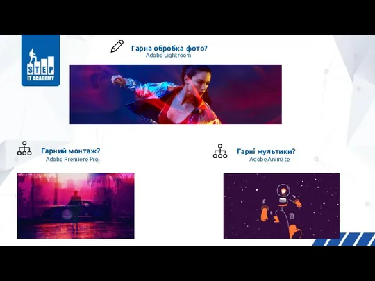 Гарні мультики? Adobe Animate Гарний монтаж? Adobe Premiere Pro Гарна обробка фото? Adobe Lightroom