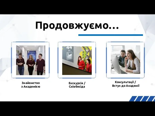 Продовжуємо… Знайомство з Академією Екскурсія / Співбесіда Консультації / Вступ до Академії