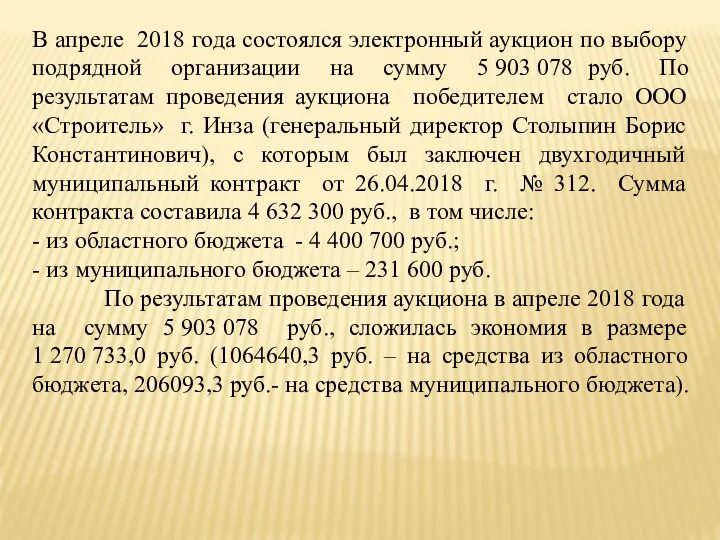 В апреле 2018 года состоялся электронный аукцион по выбору подрядной организации