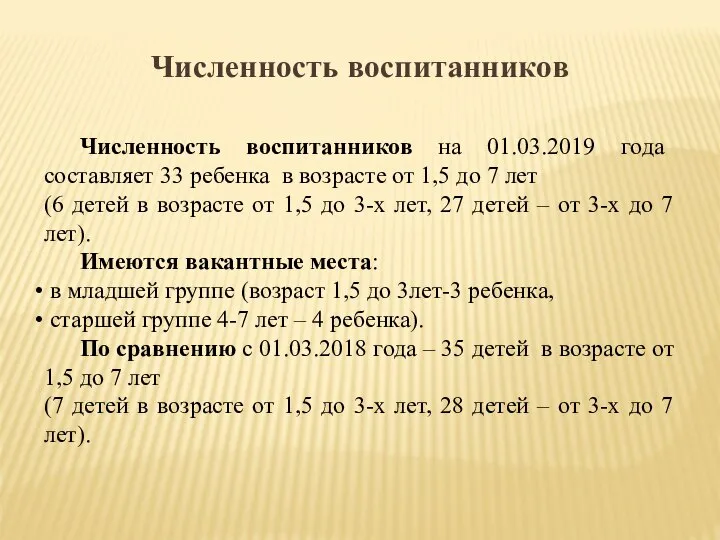 Численность воспитанников Численность воспитанников на 01.03.2019 года составляет 33 ребенка в