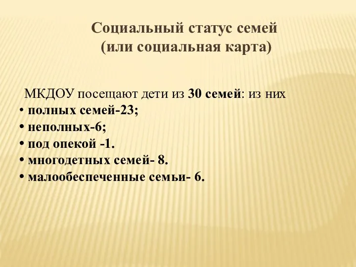 МКДОУ посещают дети из 30 семей: из них полных семей-23; неполных-6;