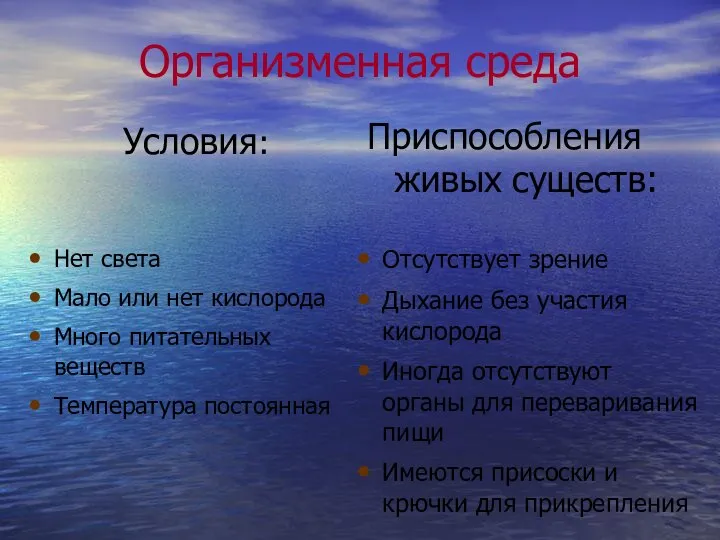 Организменная среда Условия: Приспособления живых существ: Нет света Мало или нет