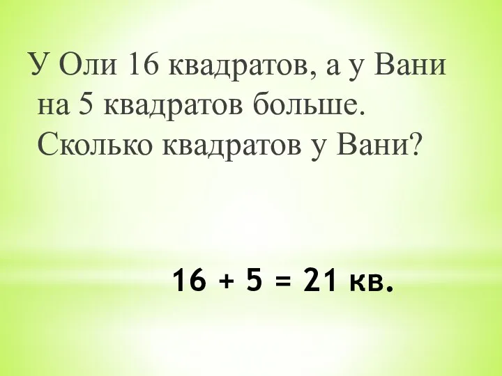 16 + 5 = 21 кв. У Оли 16 квадратов, а