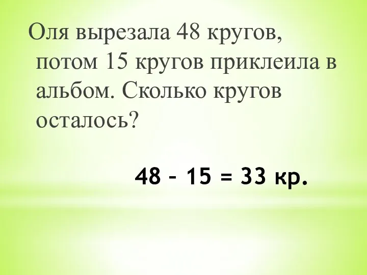 48 – 15 = 33 кр. Оля вырезала 48 кругов, потом