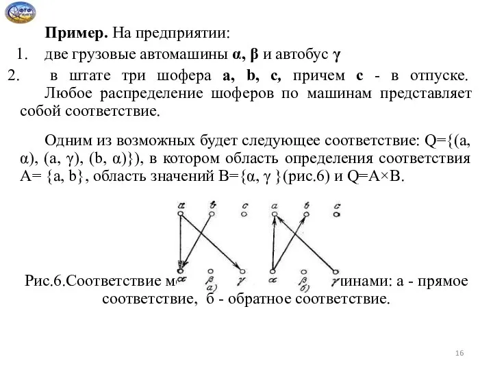 Пример. На предприятии: две грузовые автомашины α, β и автобус γ