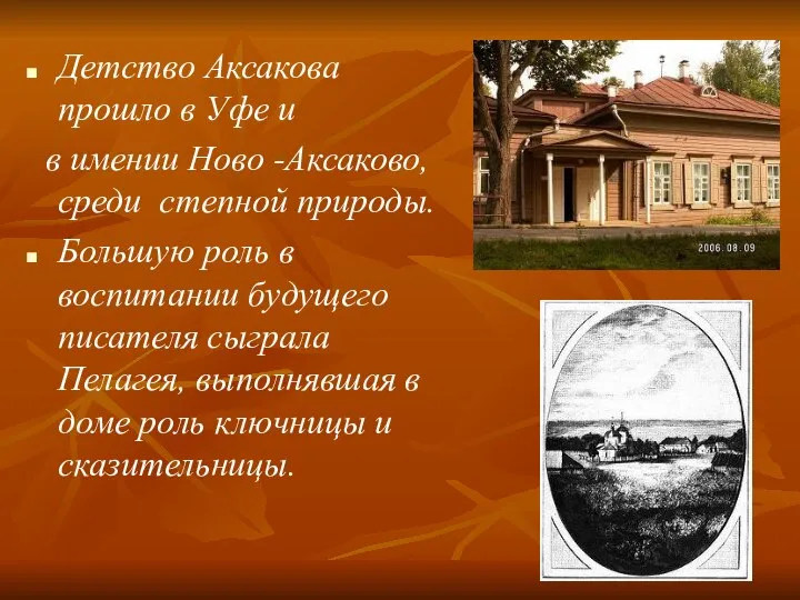 Детство Аксакова прошло в Уфе и в имении Ново -Аксаково, среди