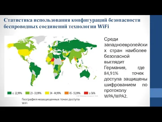 Статистика использования конфигураций безопасности беспроводных соединений технологии WiFi География незащищенных точек