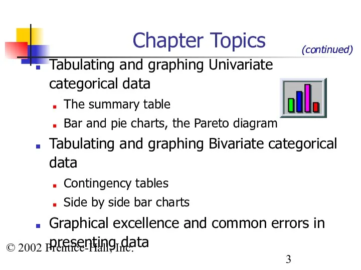 © 2002 Prentice-Hall, Inc. Chapter Topics Tabulating and graphing Univariate categorical