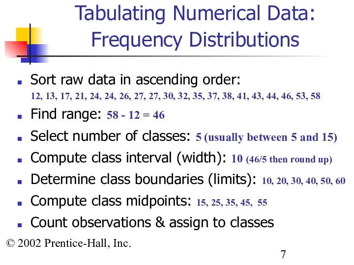 © 2002 Prentice-Hall, Inc. Tabulating Numerical Data: Frequency Distributions Sort raw