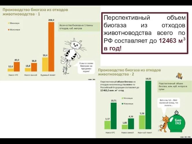 Перспективный объем биогаза из отходов животноводства всего по РФ составляет до 12463 м3 в год!