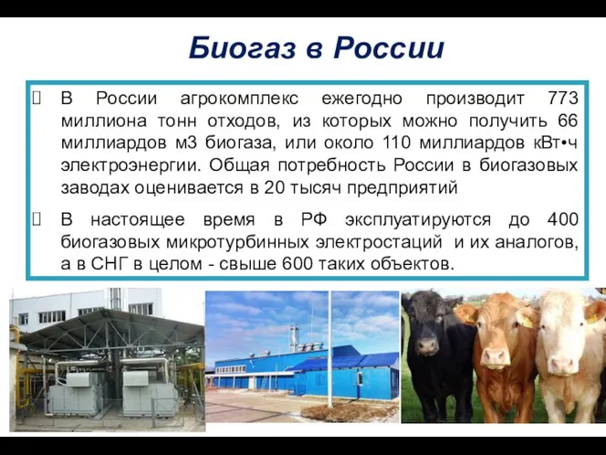 Биогаз в России В России агрокомплекс ежегодно производит 773 миллиона тонн