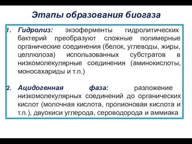 Этапы образования биогаза Гидролиз: экзоферменты гидролитических бактерий преобразуют сложные полимерные органические