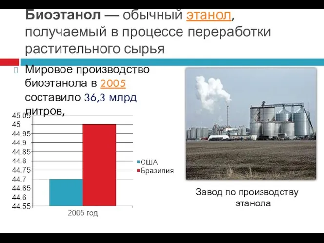 Биоэтанол — обычный этанол, получаемый в процессе переработки растительного сырья Мировое