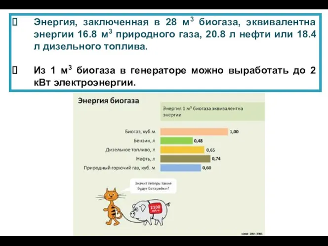 Энергия, заключенная в 28 м3 биогаза, эквивалентна энергии 16.8 м3 природного