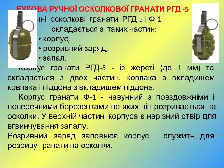 БУДОВА РУЧНОЇ ОСКОЛКОВОЇ ГРАНАТИ РГД -5 і Ф-1 Ручні осколкові гранати