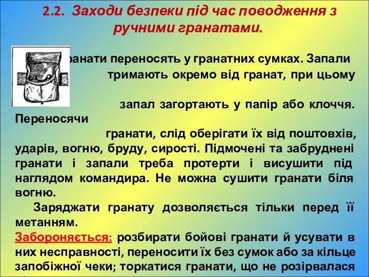 2.2. Заходи безпеки під час поводження з ручними гранатами. Гранати переносять