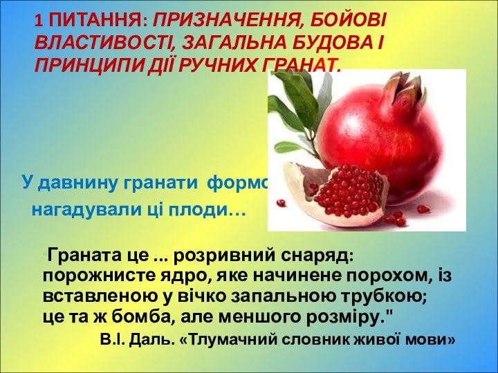 У давнину гранати формою нагадували ці плоди… 1 ПИТАННЯ: ПРИЗНАЧЕННЯ, БОЙОВІ